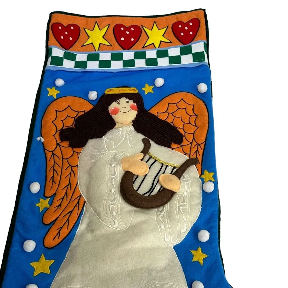 Jumbo Felt Christmas Stocking Applique Angel Harp Hearts